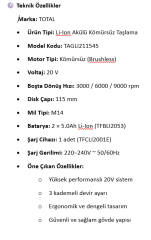 TOTAL Li-Ion Akülü Kömürsüz Taşlama 20V 2×5.0Ah TAGLI211545 | Profesyonel Devir Ayarlı Avuç Taşlama