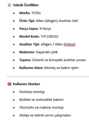 TOTAL Allen Anahtar Seti 9 Parça THT106192 | Dayanıklı Altıgen Anahtar Takımı