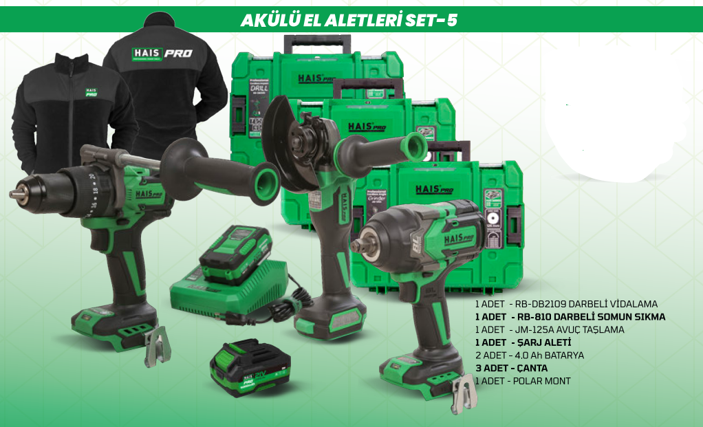 HAIS PRO Kombin 5'li Akülü El Aletleri Seti