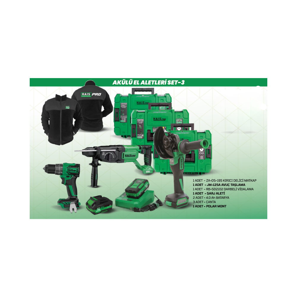 Hais Pro Profesyonel 21V Akülü El Aletleri Set-3 (Kırıcı Delici + Taşlama + Vidalama)