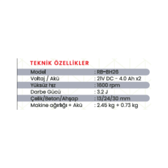 HAIS PRO RB-BH26 21V Kömürsüz Profesyonel Şarjlı Kırıcı Delici Matkap Çift Akülü
