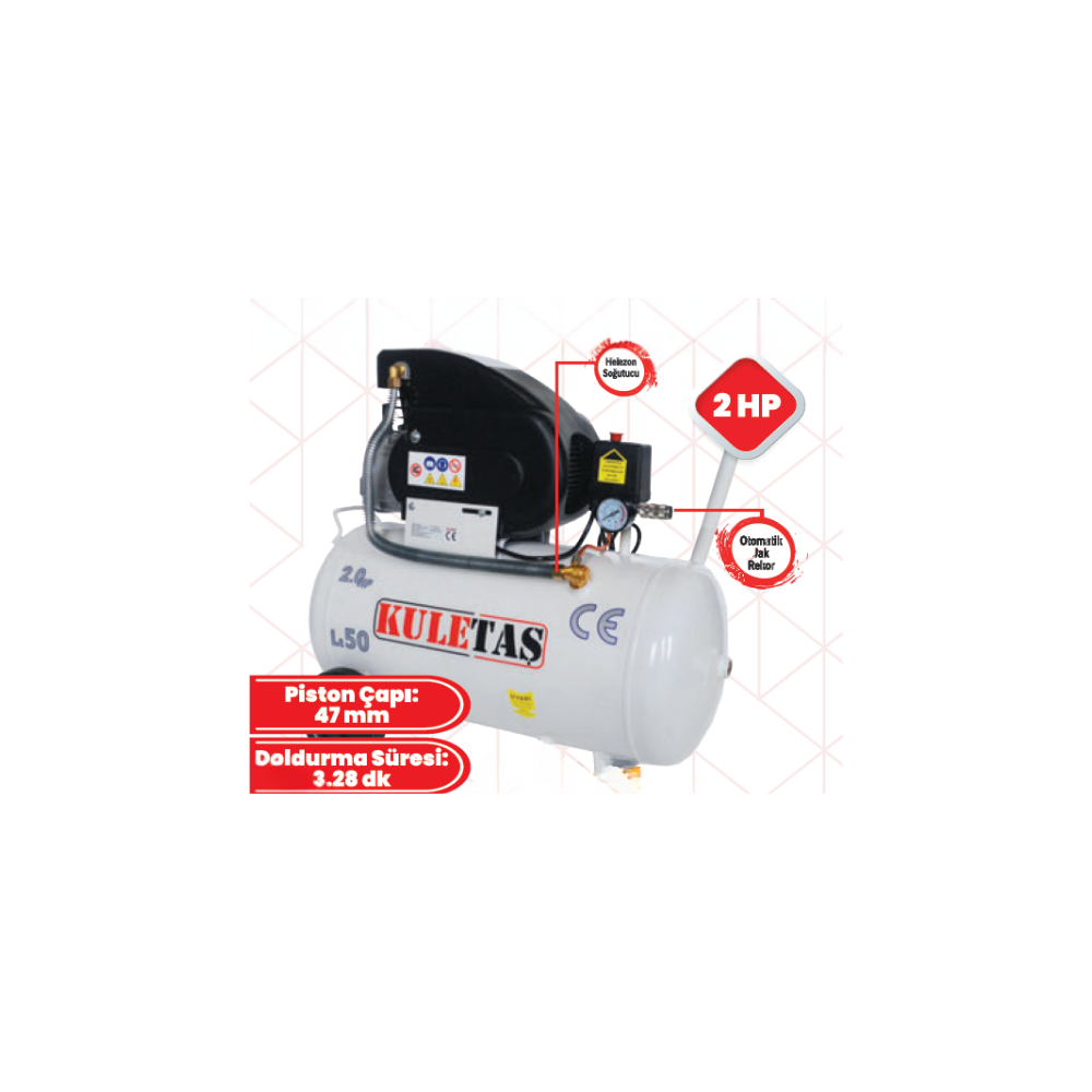 KULETAŞ 50 LT 2 HP Profesyonel Pistonlu Hava Kompresörü