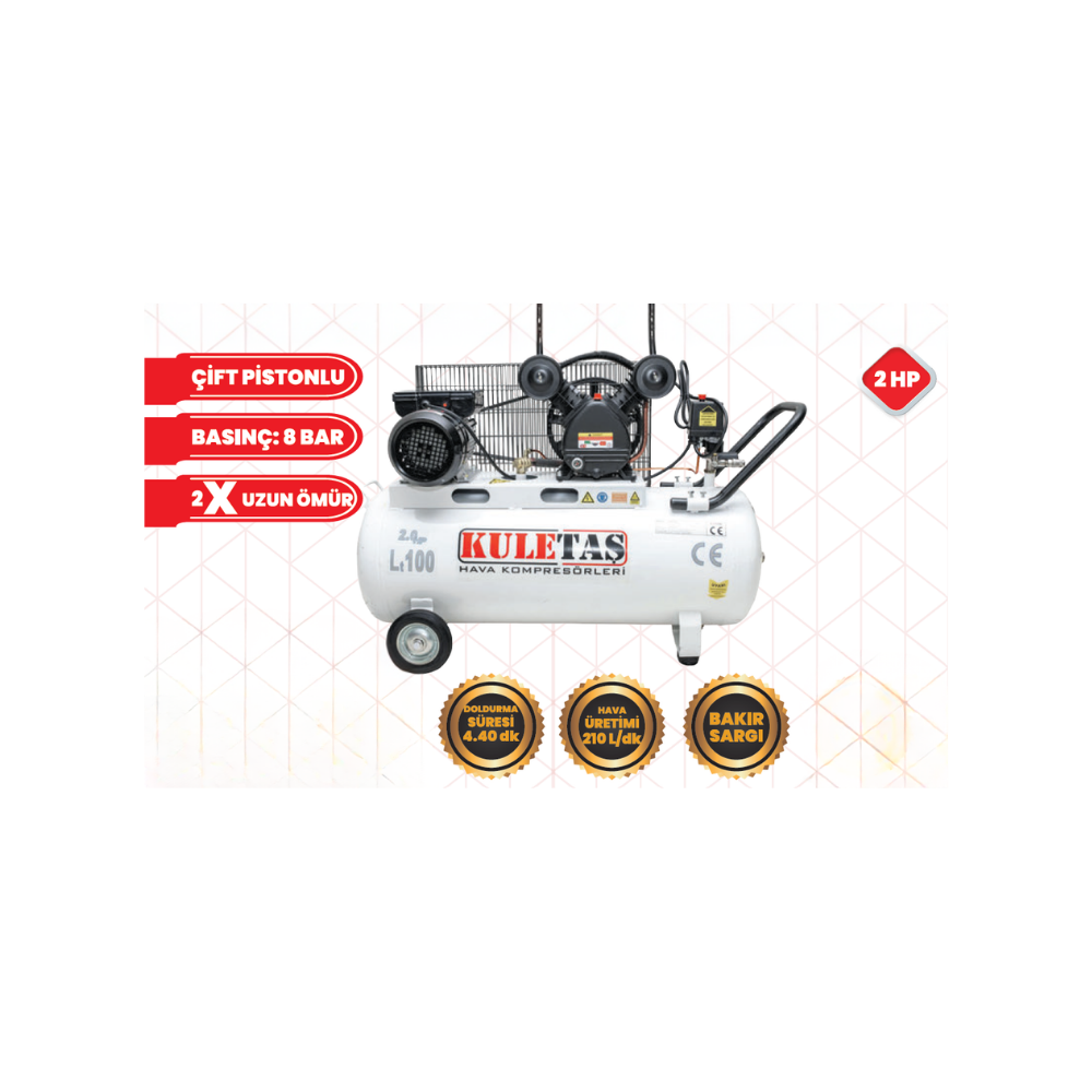 KULETAŞ 100 LT 2 HP Çift Pistonlu Kayışlı Hava Kompresörü