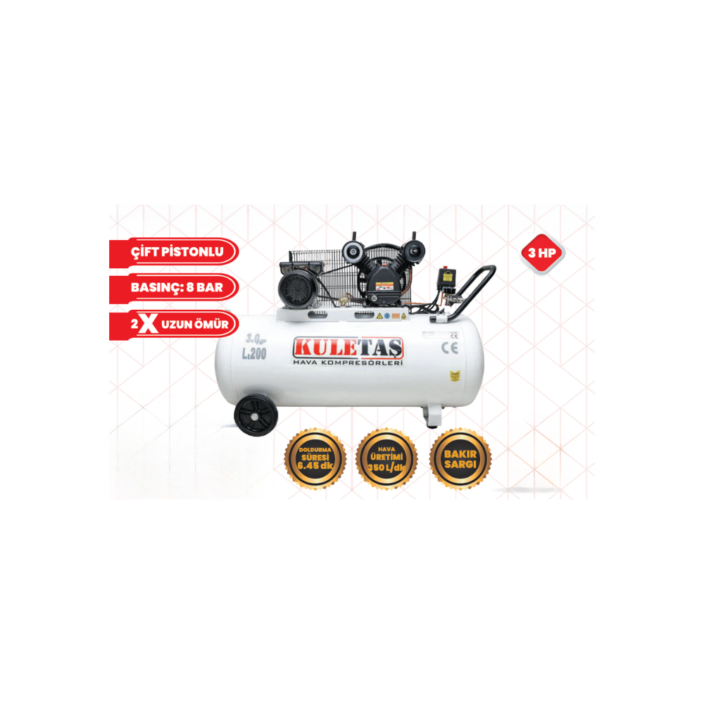 KULETAŞ 300 LT 5,5 HP 12 Bar Çift Pistonlu Trifaze Sanayi Tipi Hava Kompresörü
