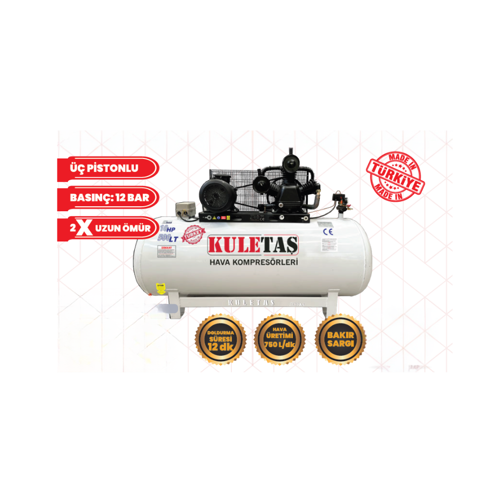 KULETAŞ 500 LT 10 HP 12 Bar Üç Pistonlu Trifaze Sanayi Tipi Hava Kompresörü