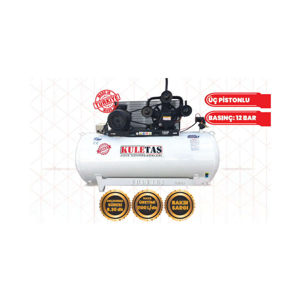 KULETAŞ 600 LT 10 HP 12 Bar Üç Pistonlu Trifaze Sanayi Tipi Hava Kompresörü