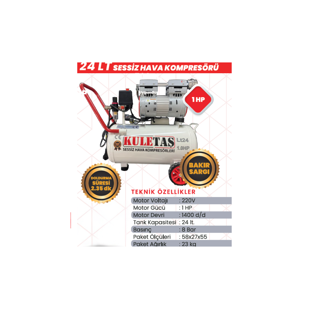 KULETAŞ 24 LT 1 HP Sessiz Yağsız Bakır Sargılı Hava Kompresörü