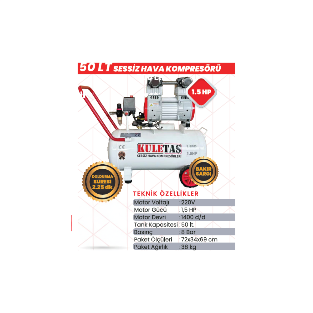 Kuletas 50 LT Sessiz Hava Kompresörü 1.5 HP 220V | Bakır Sargılı
