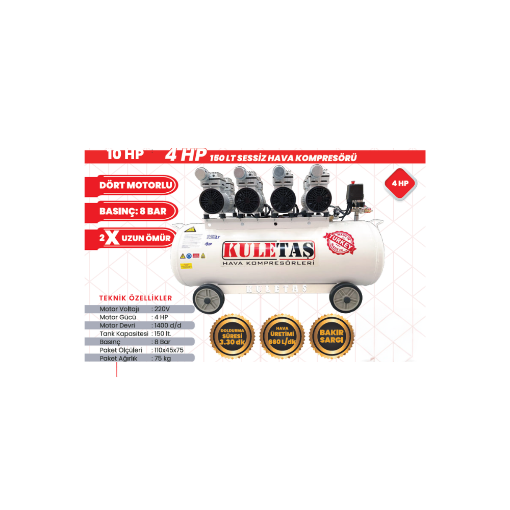 Kuletas 150 LT Dört Motorlu Hava Kompresörü | 4 HP