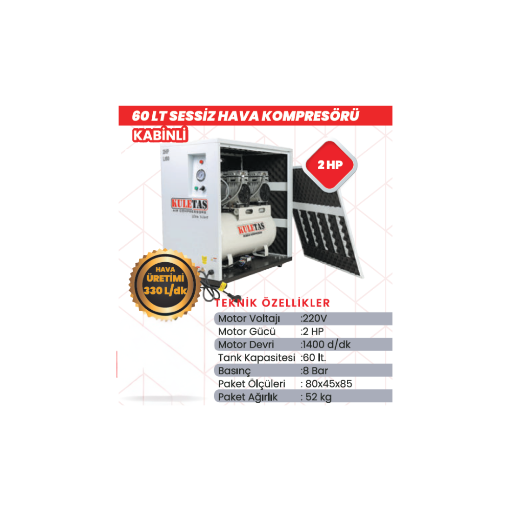 Kuletas 60 LT Kabinli Hava Kompresörü | 2 HP