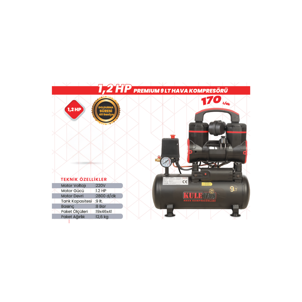 Kuletas Premium 9 LT Hava Kompresörü | 1,2 HP