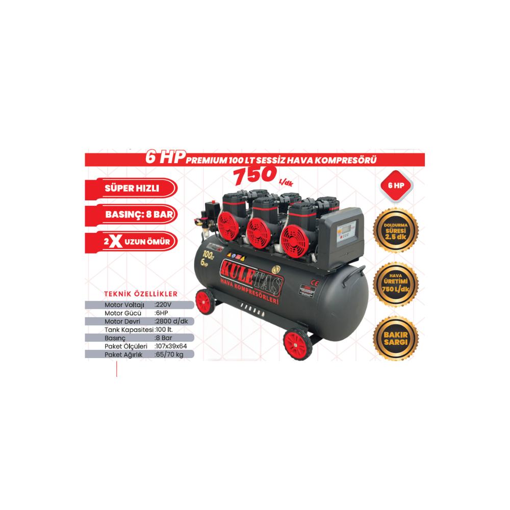 KULETAŞ Premium 100 LT Süper Hızlı Sessiz Hava Kompresörü
