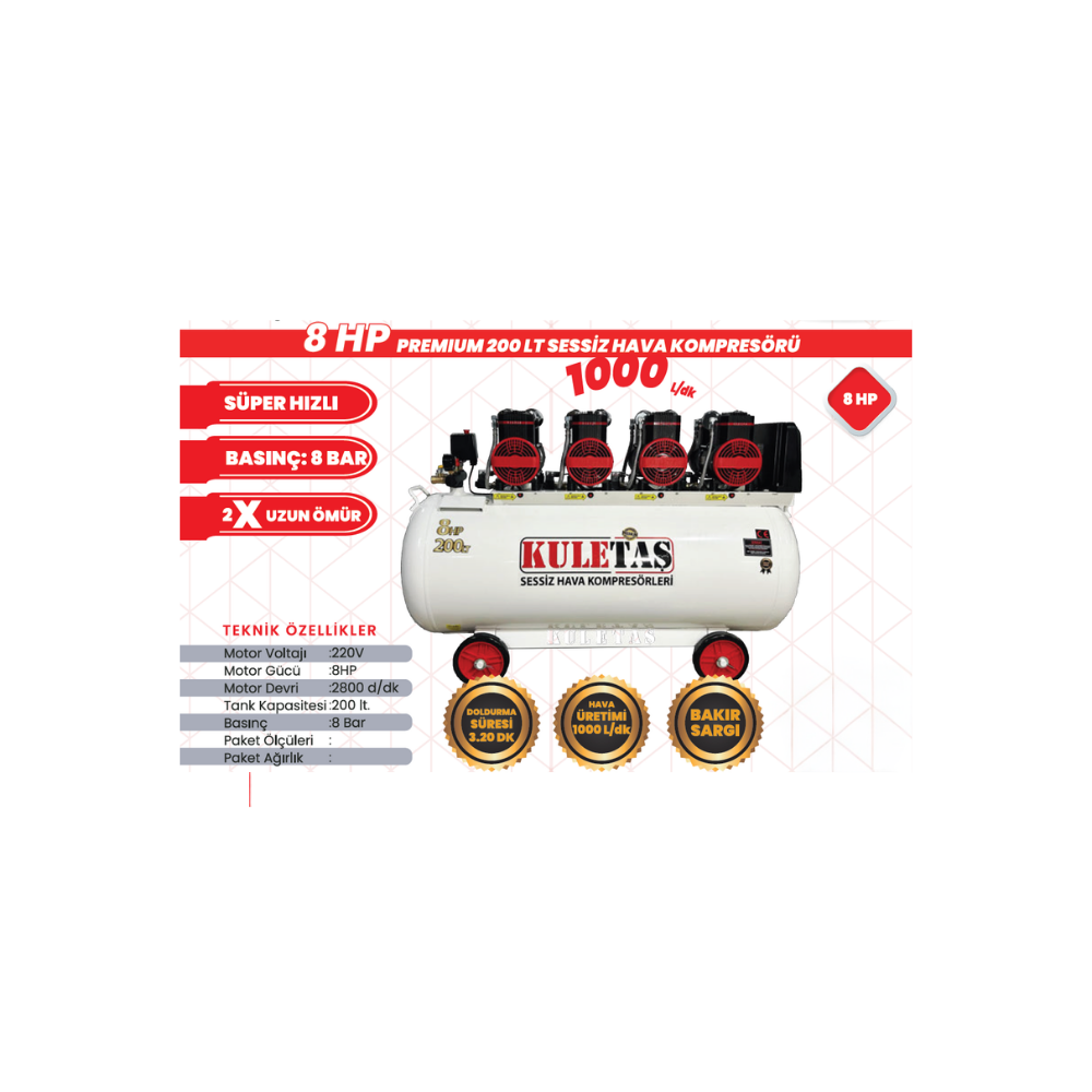Kuletaş Premium 200 LT Hava Kompresörü | 8 HP