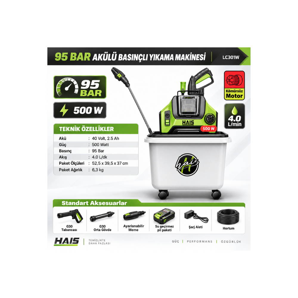 HAIS LC301W 95 Bar Akülü Basınçlı Yıkama Makinesi